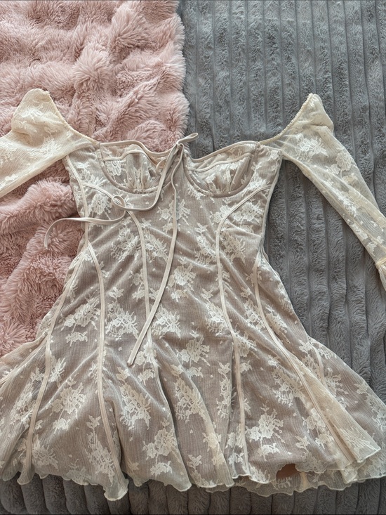 House of CB Dresses & Skirts - House of CB Sheer Lace Off-Shoulder Long Sleeve Mini Dress in Nude